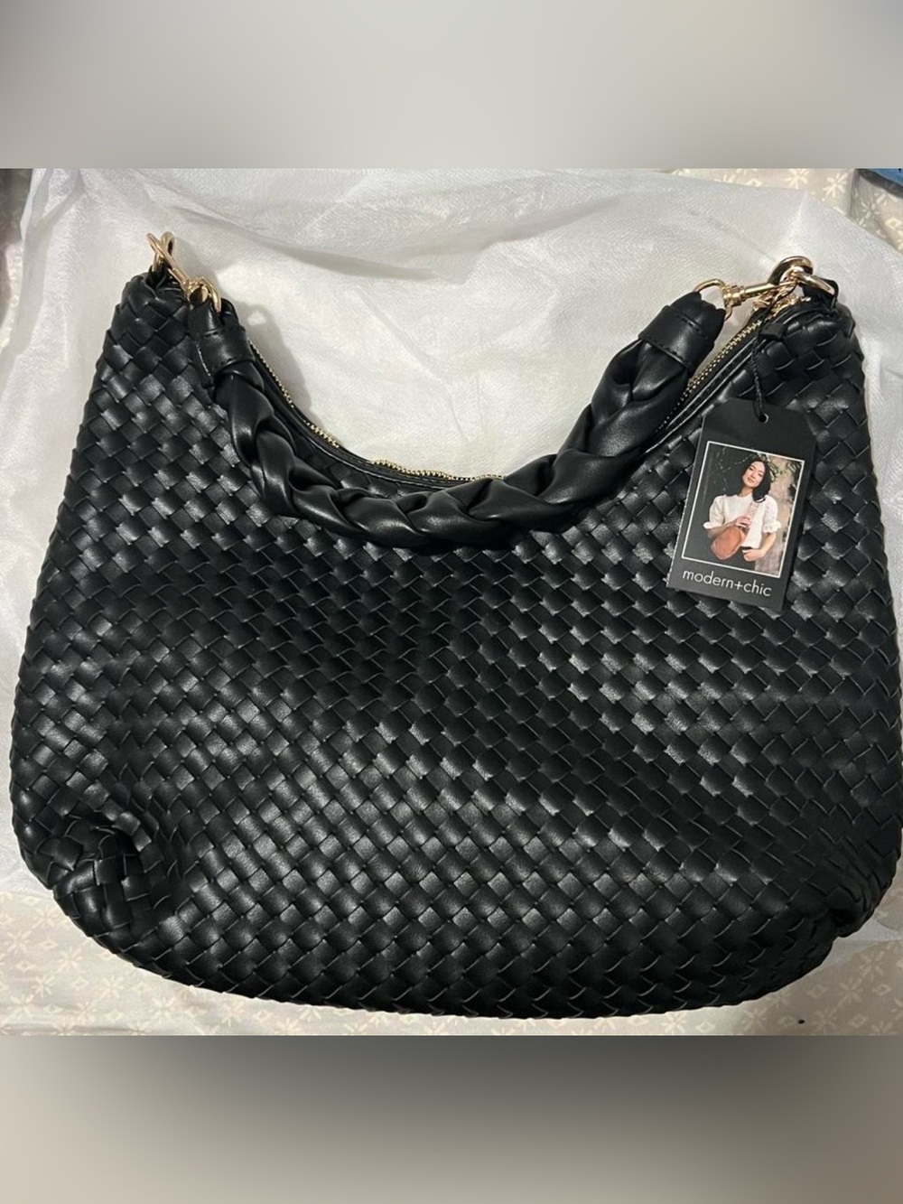 Modern + Chic Kelly - Black Woven Hobo Bag with Braided Handle